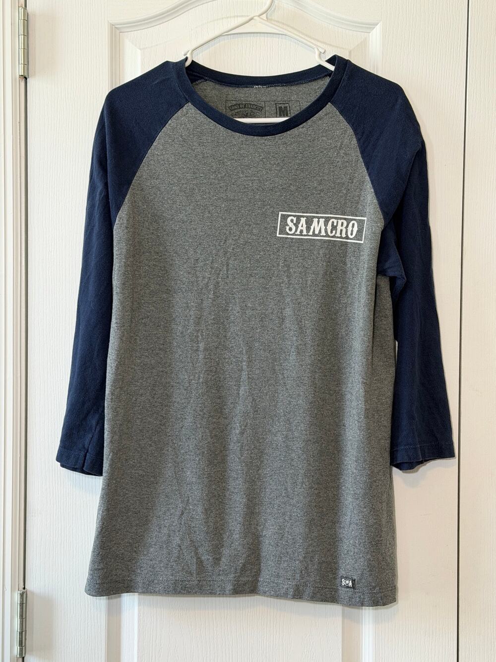 Metal Mulisha Sons of Anarchy Chibs Raglan Mens Size M-Gray Navy 3/4 Sleeve SOA